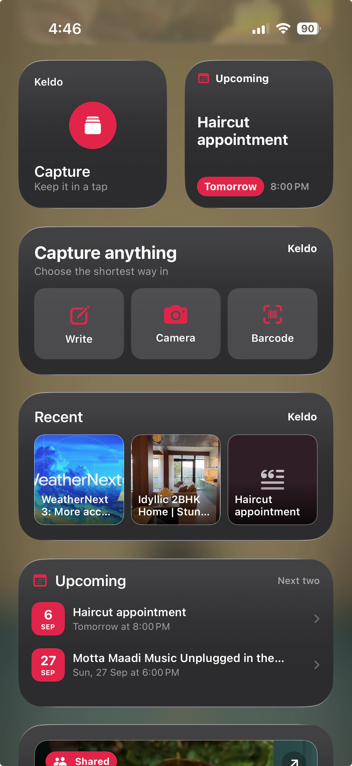 Keldo Home Screen widgets for Capture, Upcoming and Recent saves